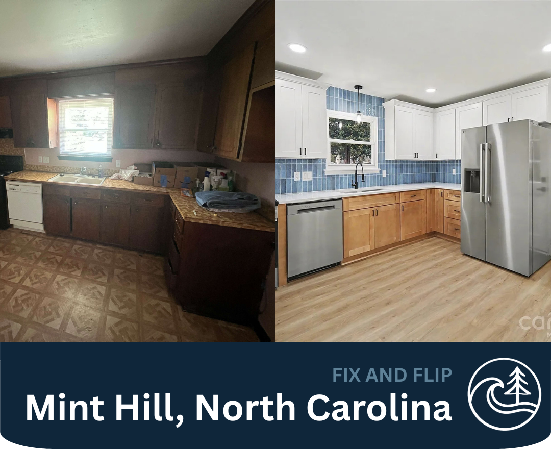 Before and after kitchen renovation on a Mint Hill, North Carolina home bought as-is by Tide and Timber Ventures