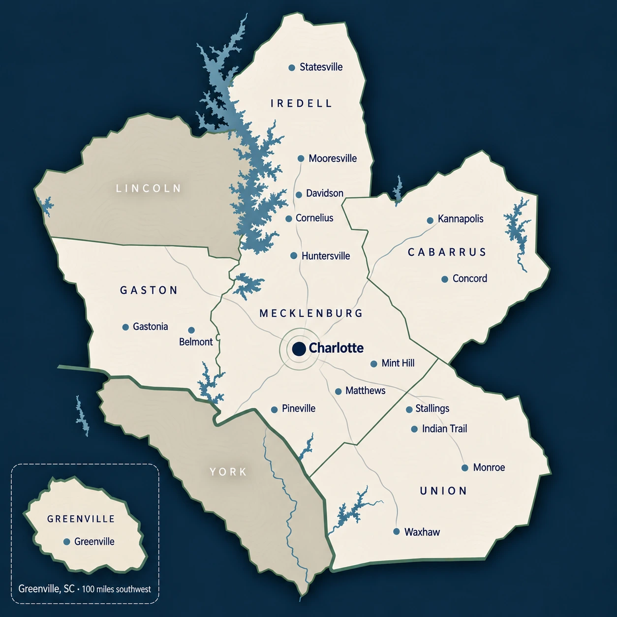 Map of the eight Carolina counties where Tide and Timber Ventures operates: six build counties containing eighteen municipalities, plus Lincoln and York counties as acquisition markets